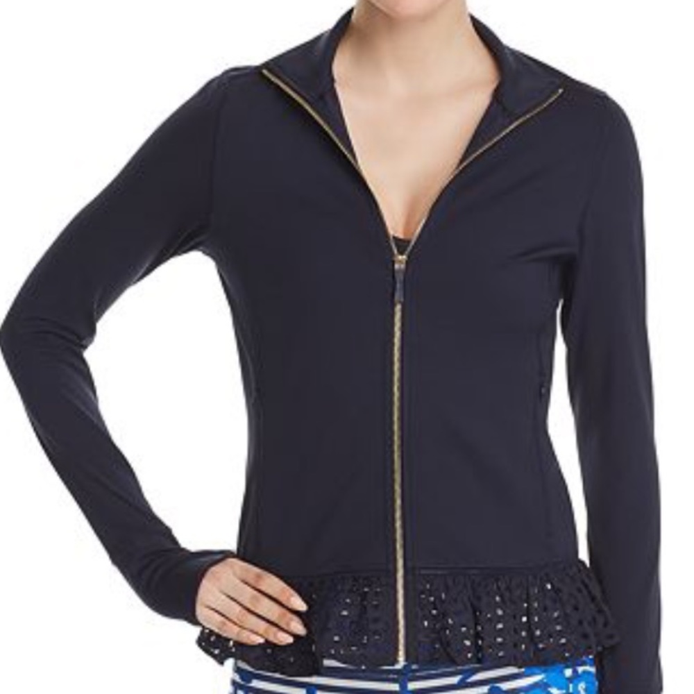 kate spade Navy Blue Ruffle-Hem Zip Jacket - Picture 2 of 7
